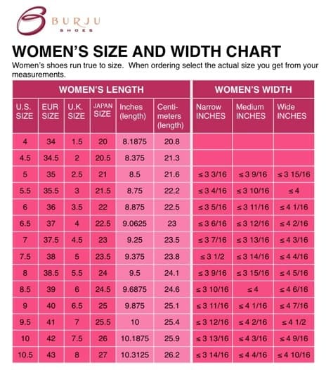 Women's Shoe Width Chart A B C D